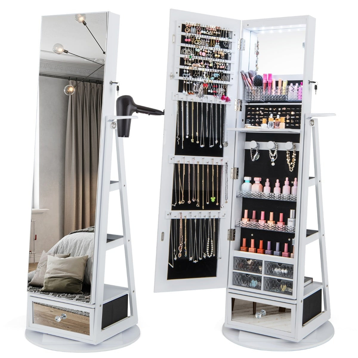 Rotating Jewelry Cabinet with Mirror, LED, Lock – 140x37 cm