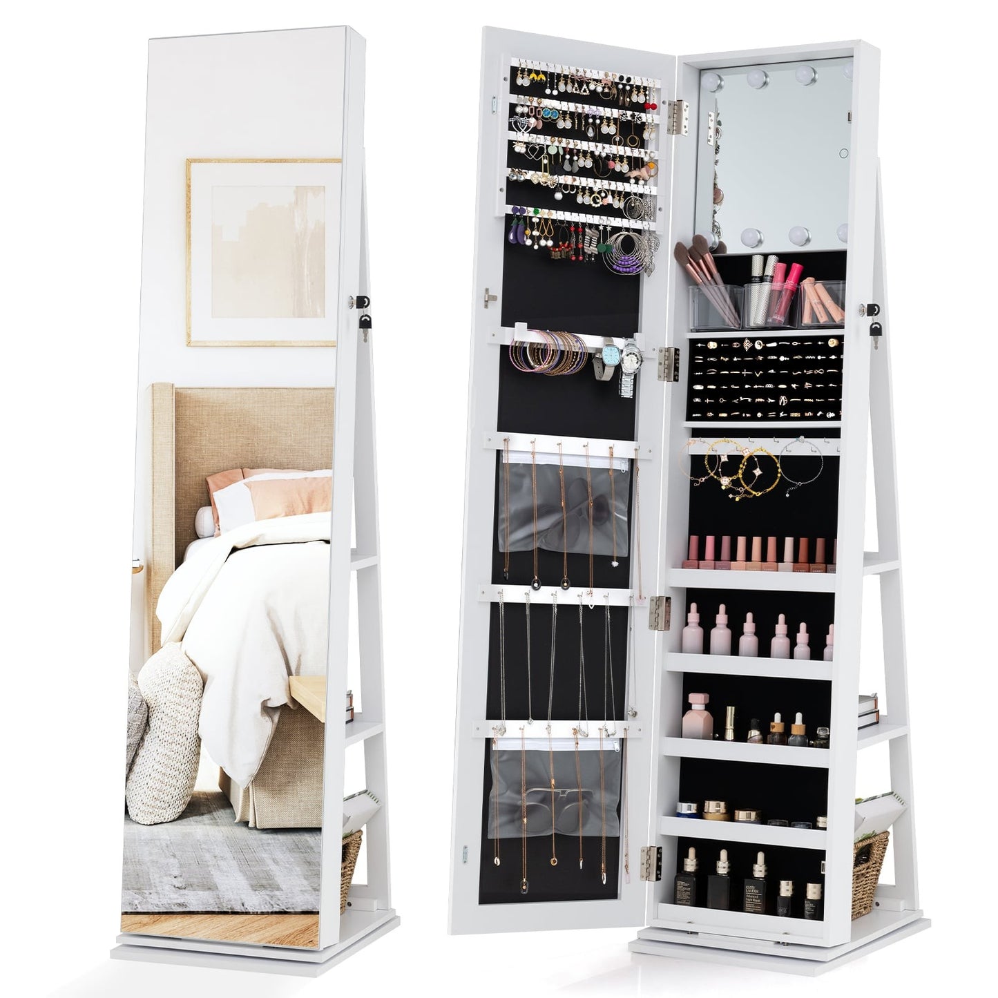Rotating Jewelry Cabinet with Mirror, Shelves, LED Lights