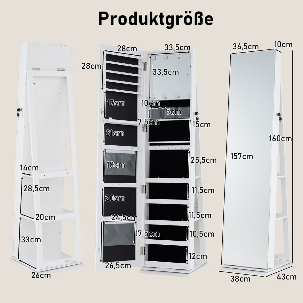 Rotating Jewelry Cabinet with Mirror, Shelves, LED Lights