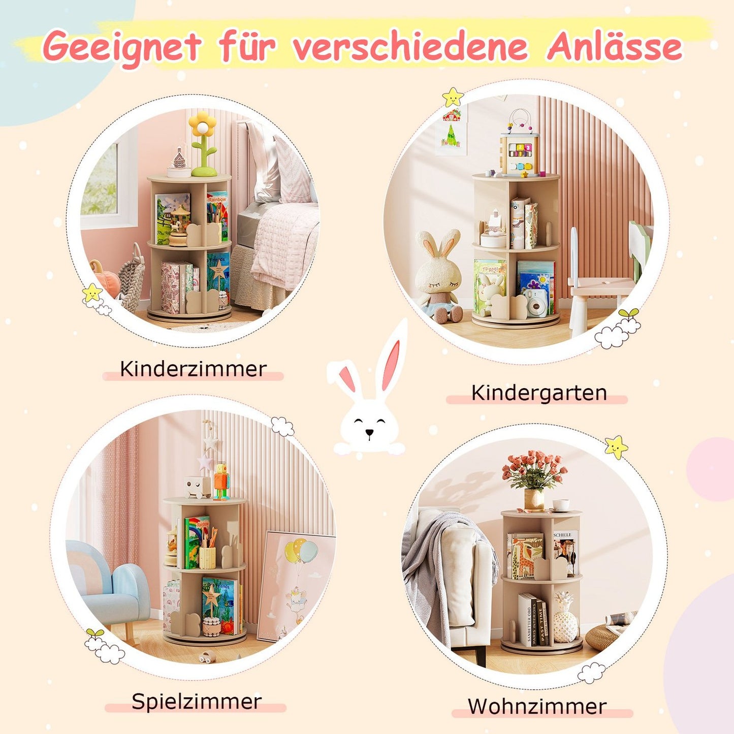 Rotating Kids Bookshelf – 2-Tier, Bunny Dividers, 360° Access