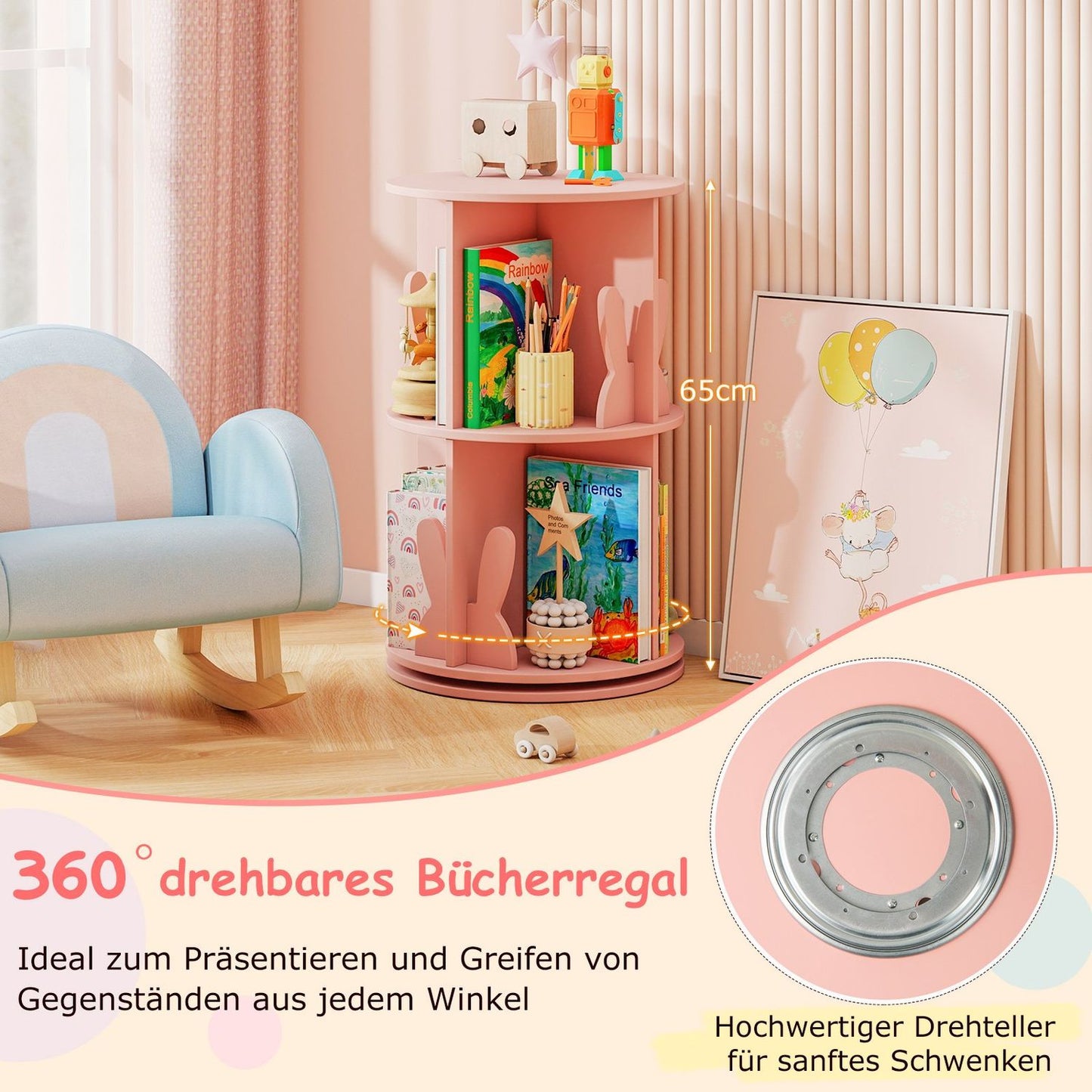 Rotating Kids Bookshelf with 2 Levels & Bunny Dividers, Pink