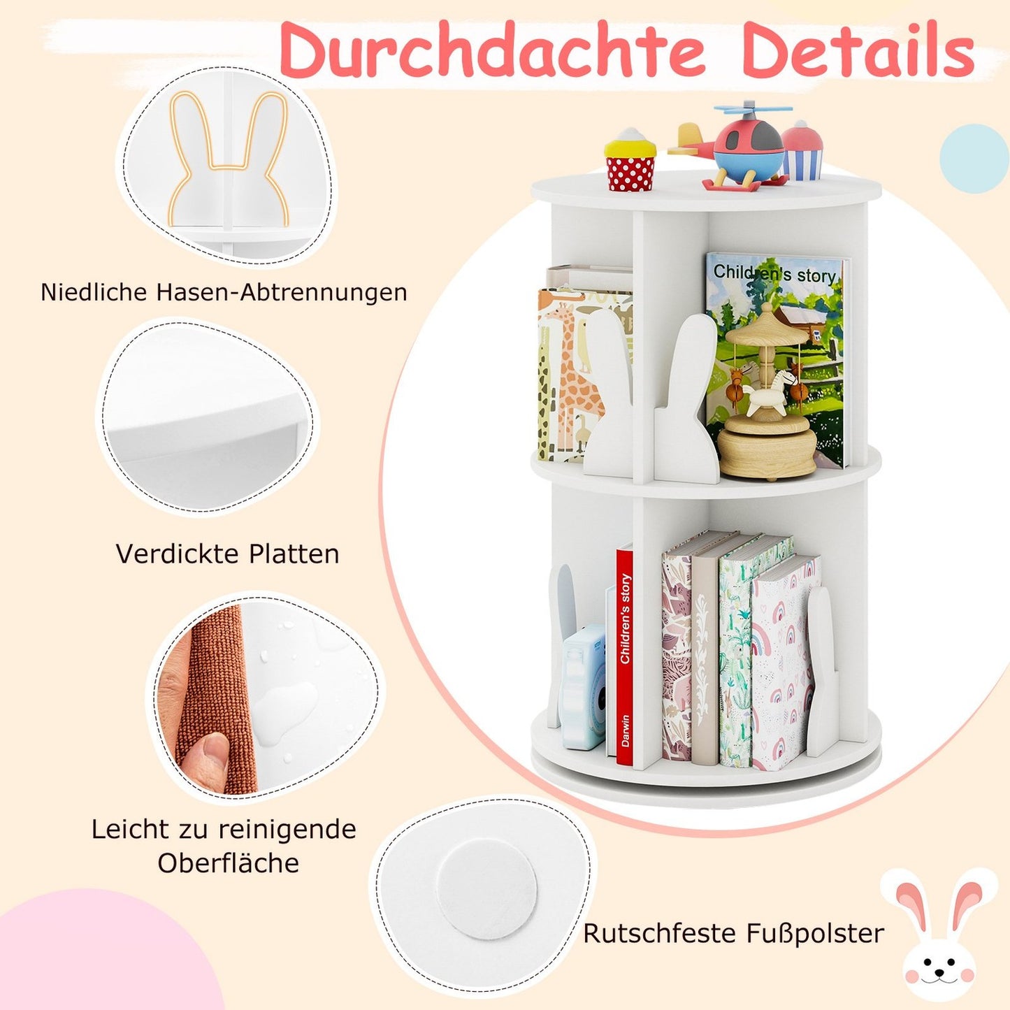 Rotating Kids Bookshelf with 2-Tier Bunny Dividers, 360° 40x40x65cm