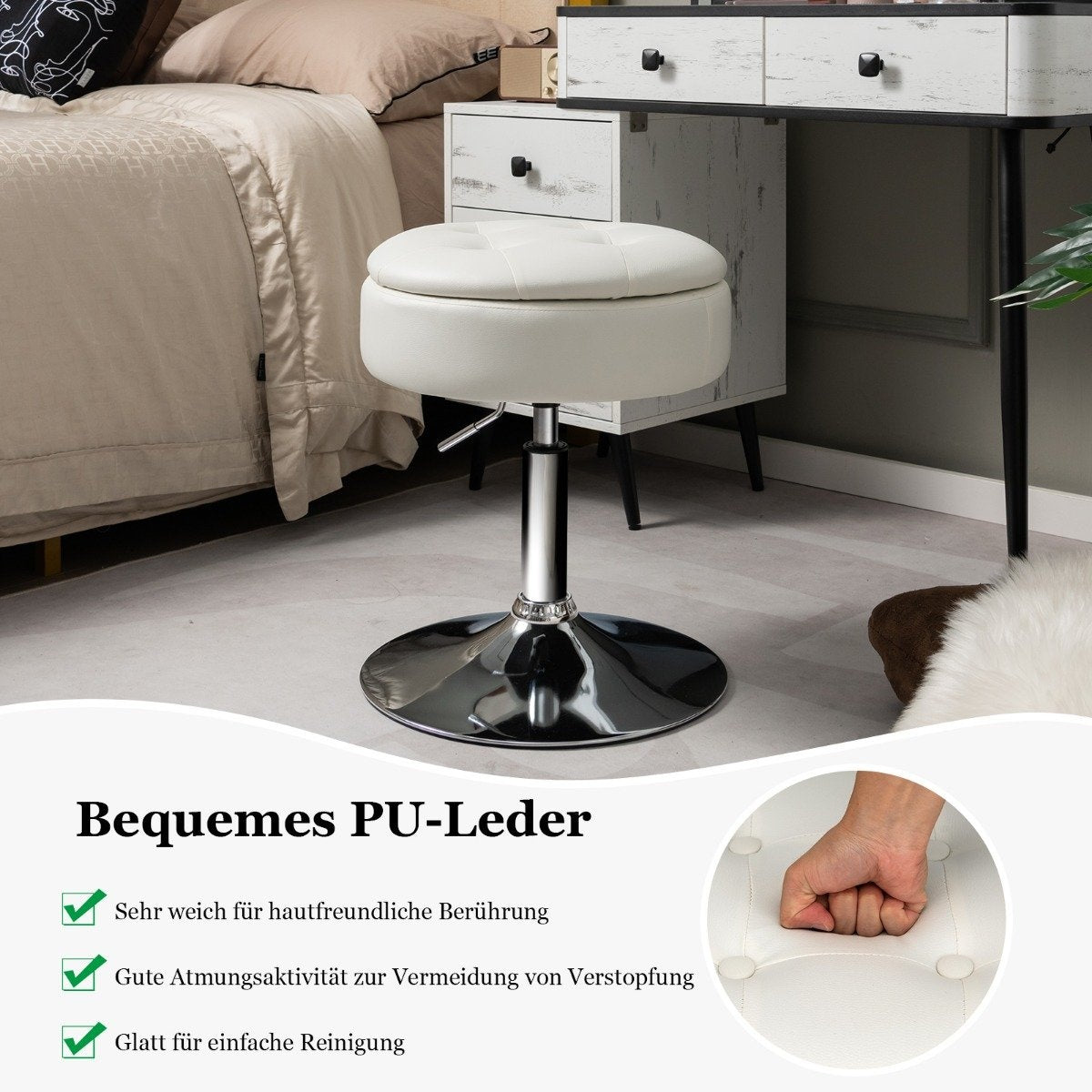 Rotating Makeup Stool with Storage, Adjustable Height, White