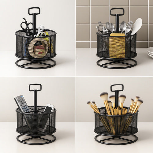 Rotating Metal Desk Organizer, Black, 4 Compartments