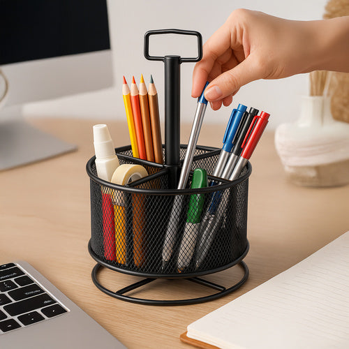 Rotating Metal Desk Organizer, Black, 4 Compartments