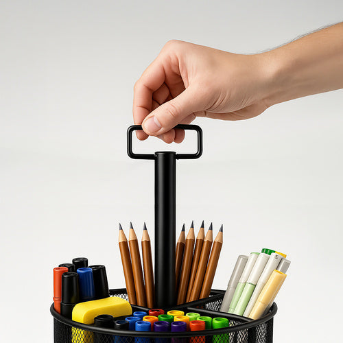 Rotating Metal Desk Organizer, Black, 4 Compartments