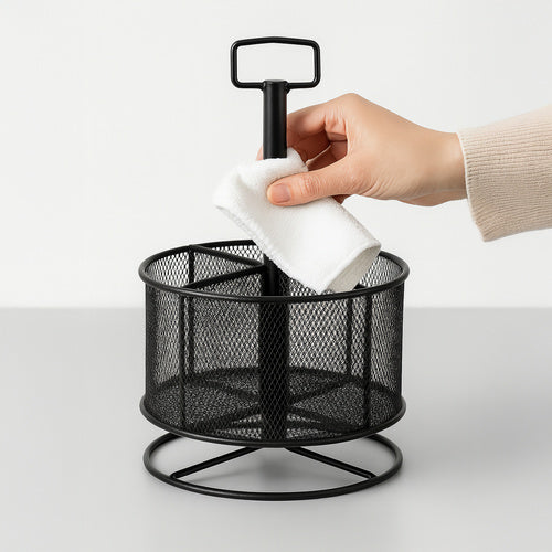 Rotating Metal Desk Organizer, Black, 4 Compartments
