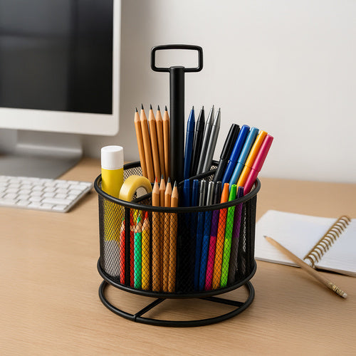 Rotating Metal Desk Organizer, Black, 4 Compartments