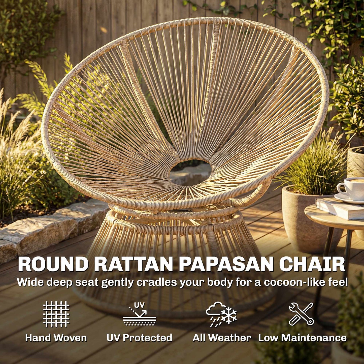 Rotating Papasan Chair with Cushion, Steel Frame, Cream