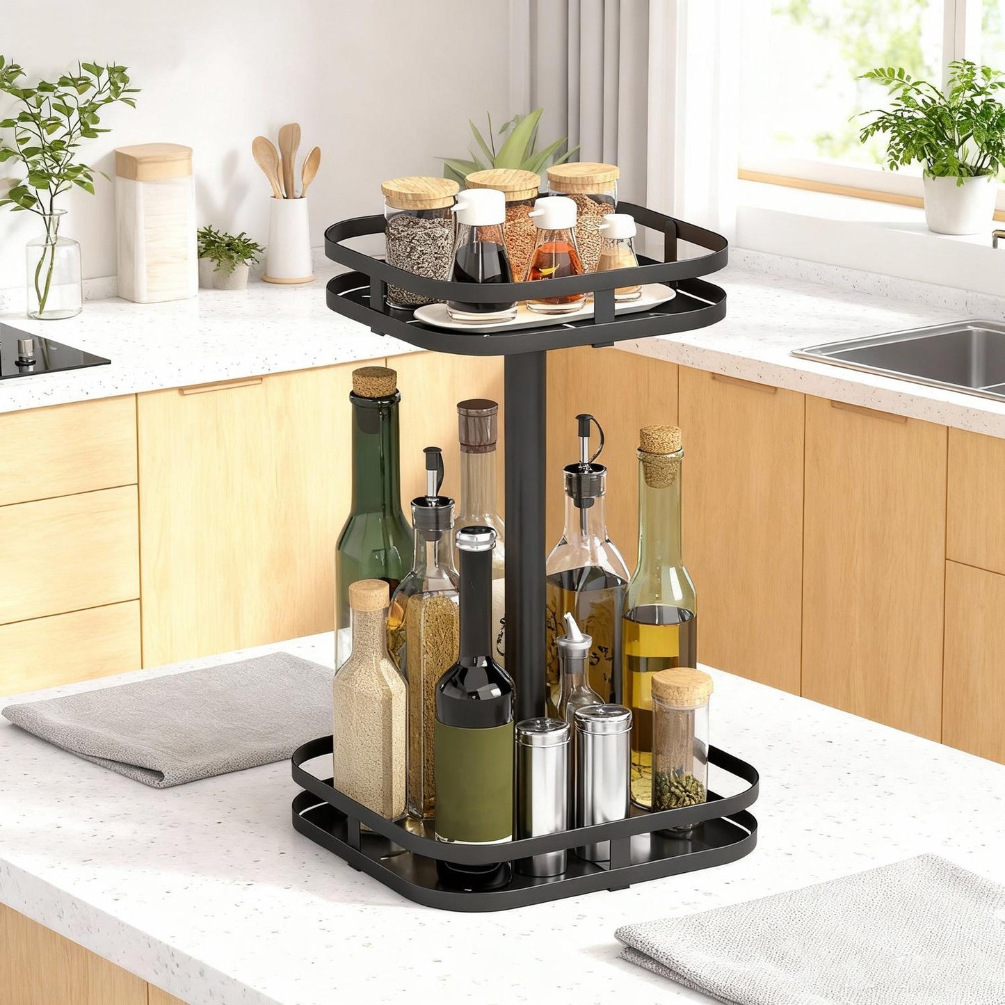 Rotating Spice Rack, 2-Tier, Metal, Black, Suction Feet
