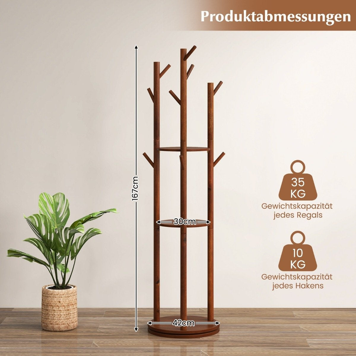 Rotating Wooden Coat Rack with 3 Shelves & 9 Hooks, Walnut