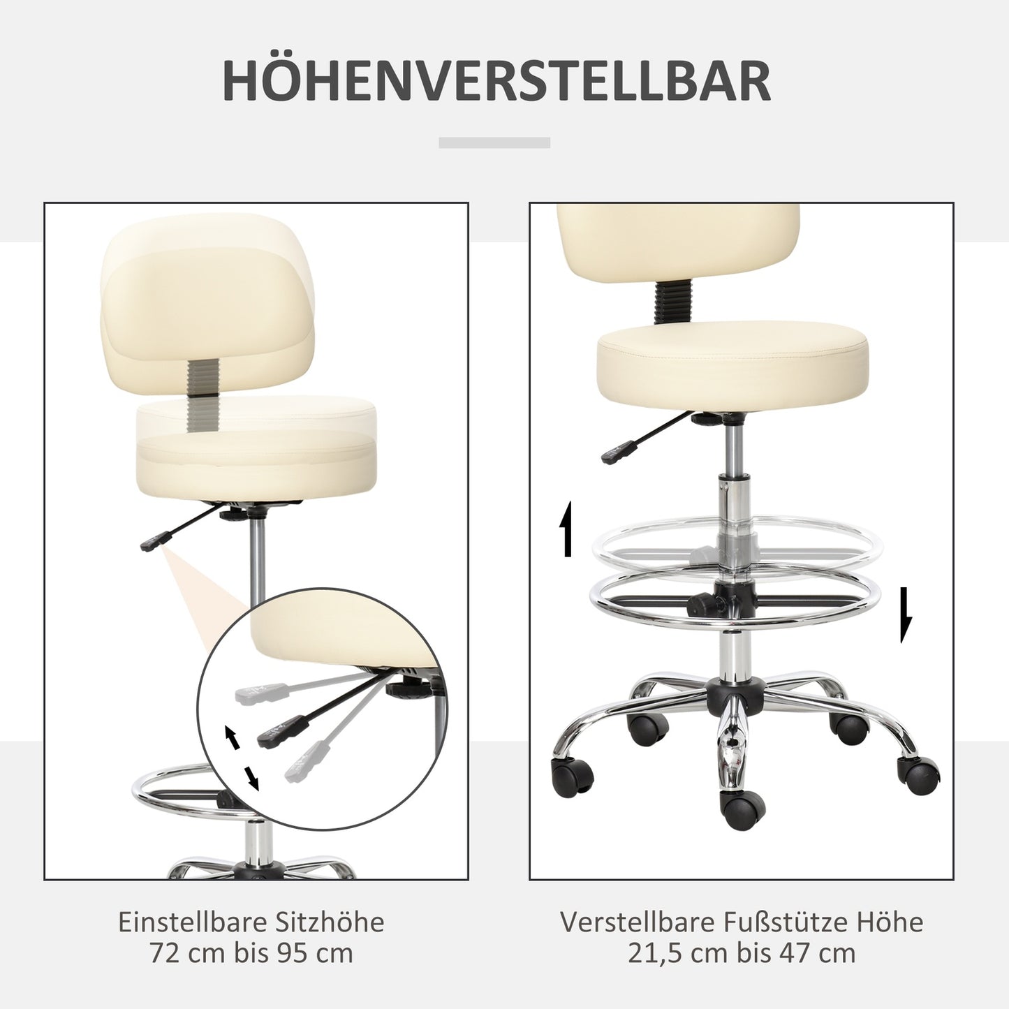 Adjustable beige PU stool with backrest - 56x57x104-127cm