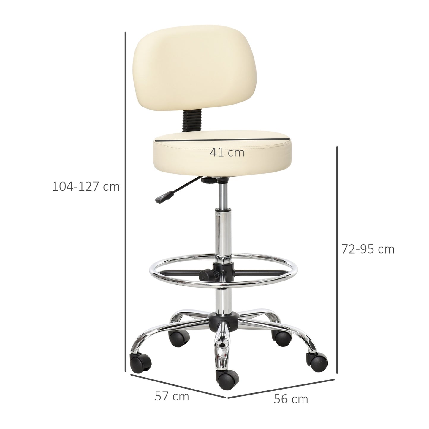 Adjustable beige PU stool with backrest - 56x57x104-127cm