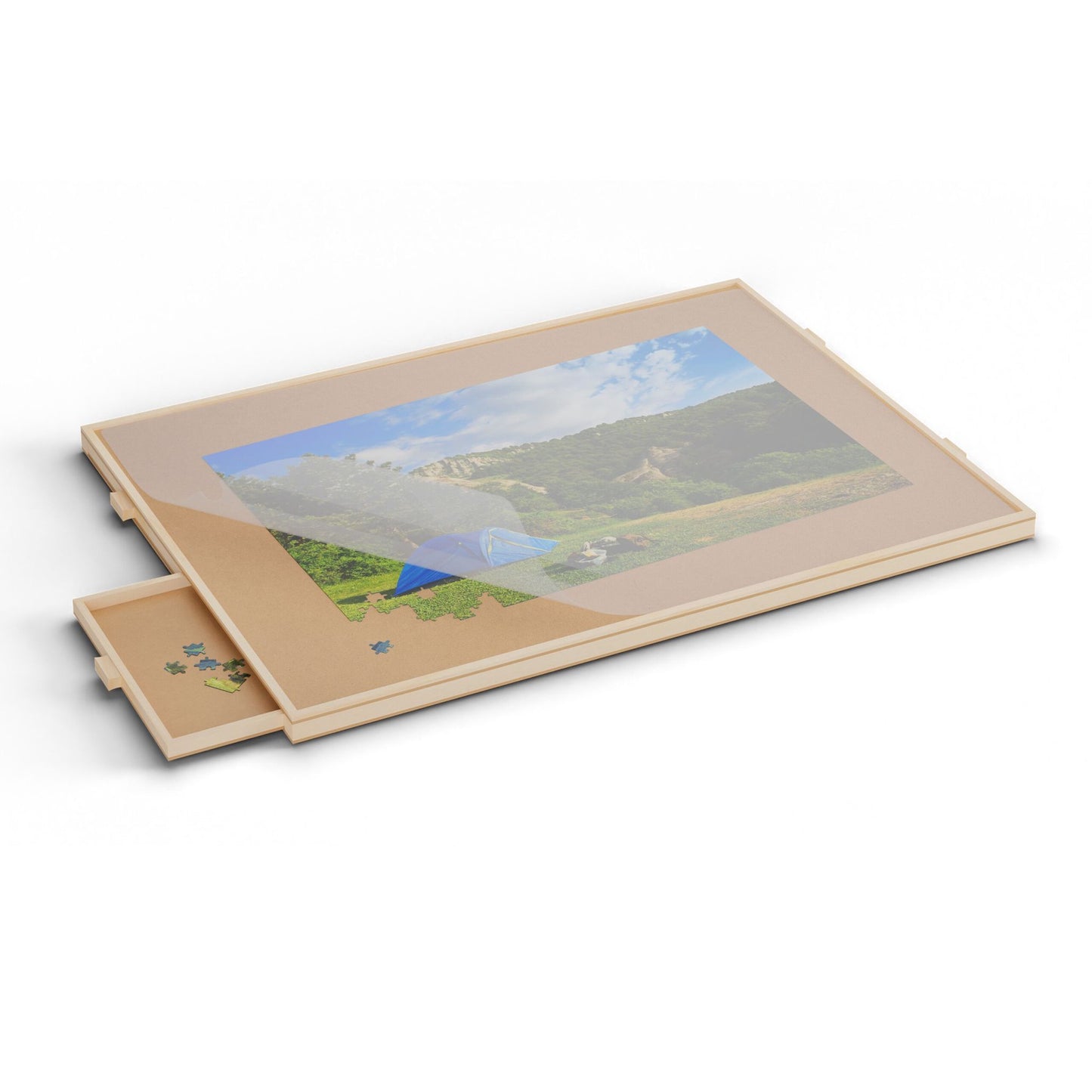 Rotating puzzle board with 4 drawers