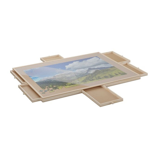 Rotating puzzle board with 6 drawers