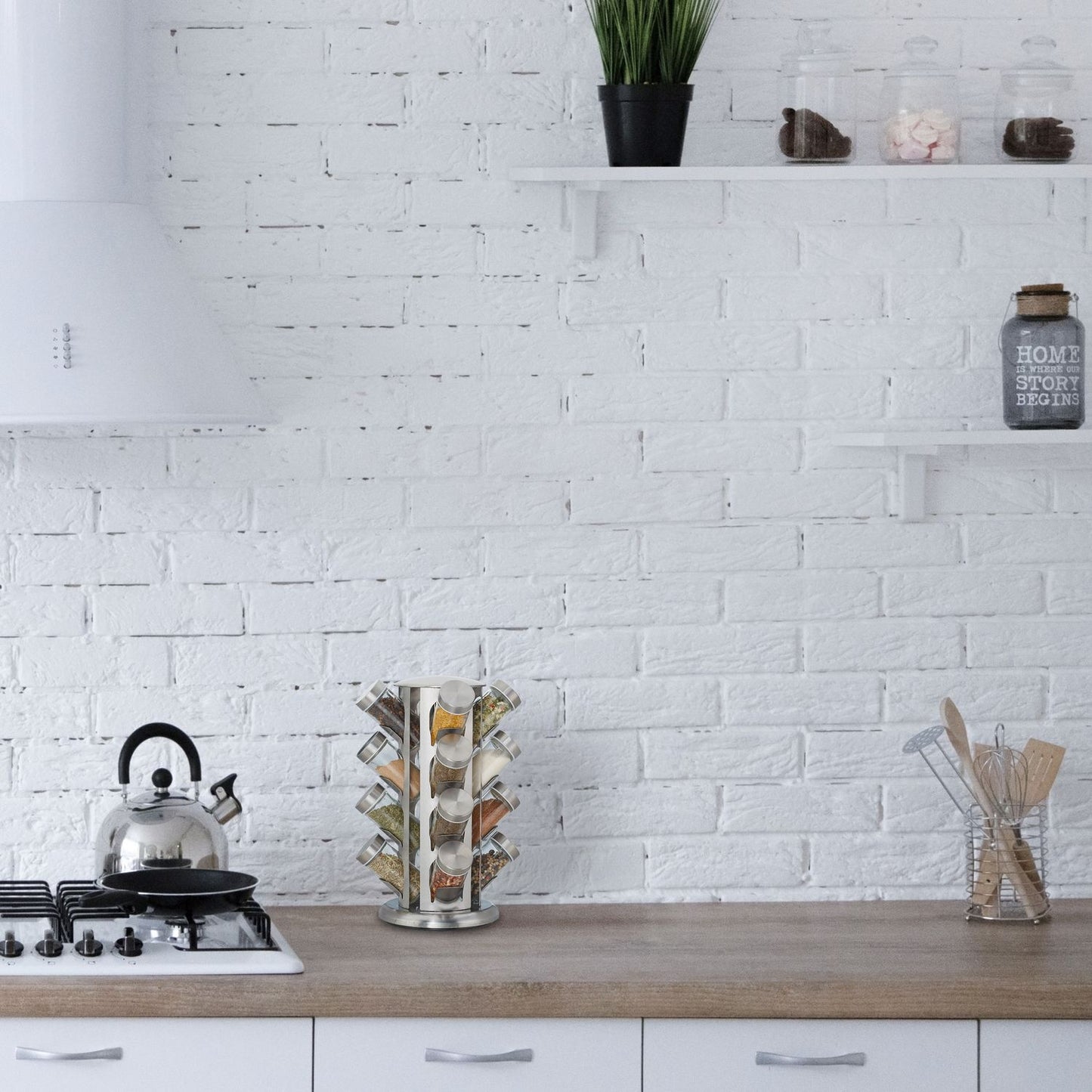 Rotating spice rack with 16 spice jars
