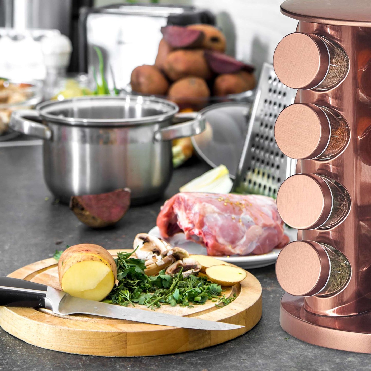 Rotating spice rack with 16 spice jars