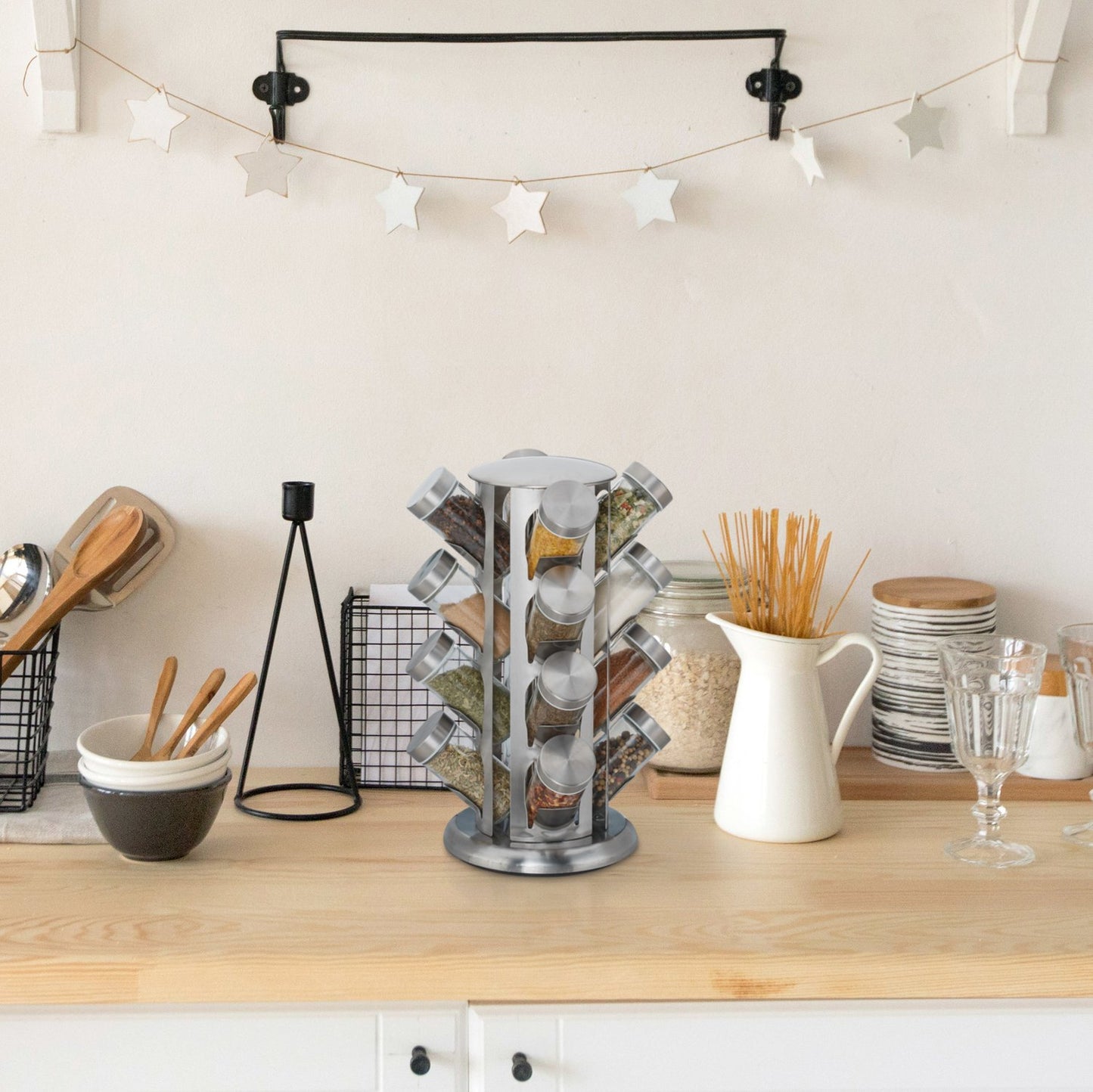 Rotating spice rack with 16 spice jars