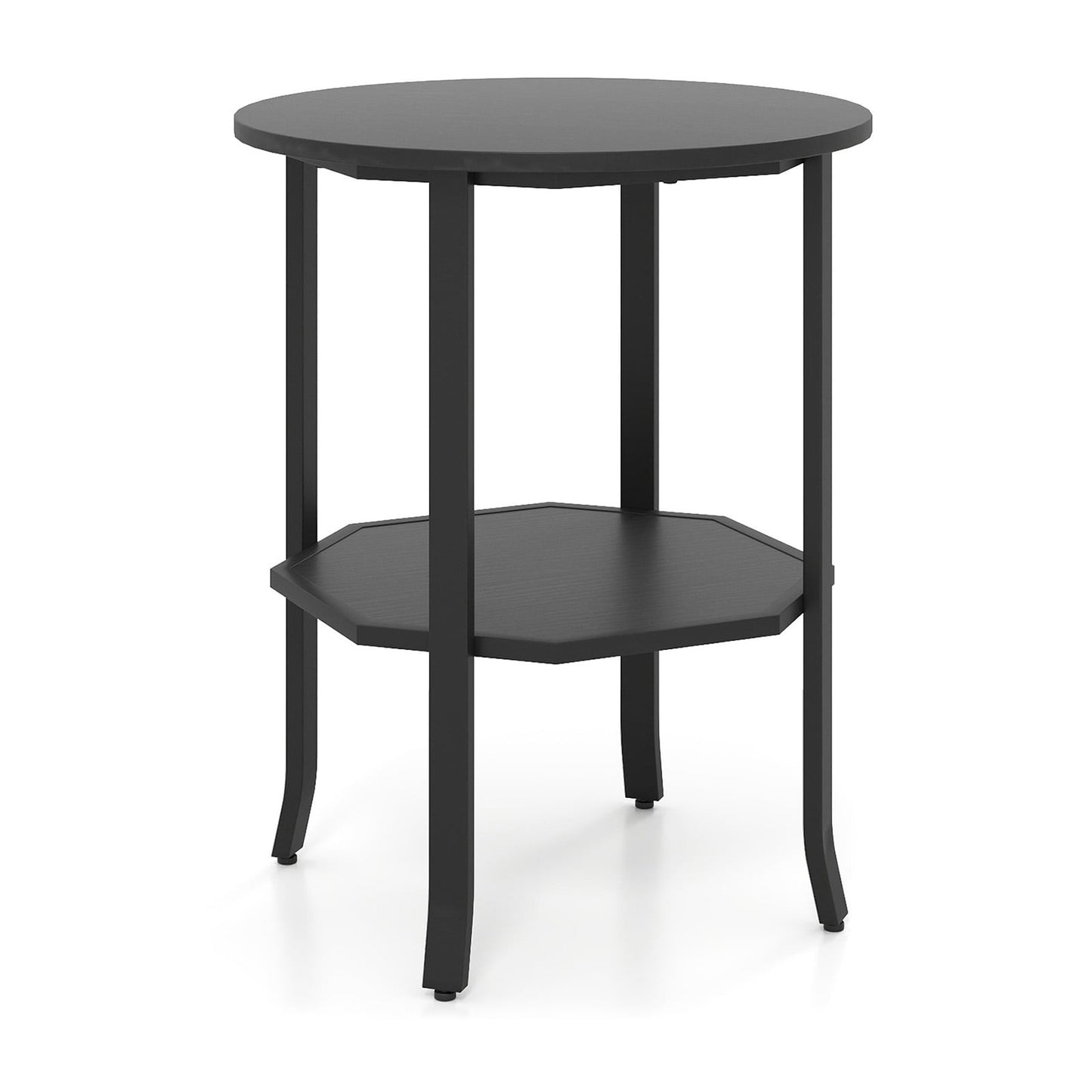 Round 2-Tier Side Table with Shelf, Black Metal