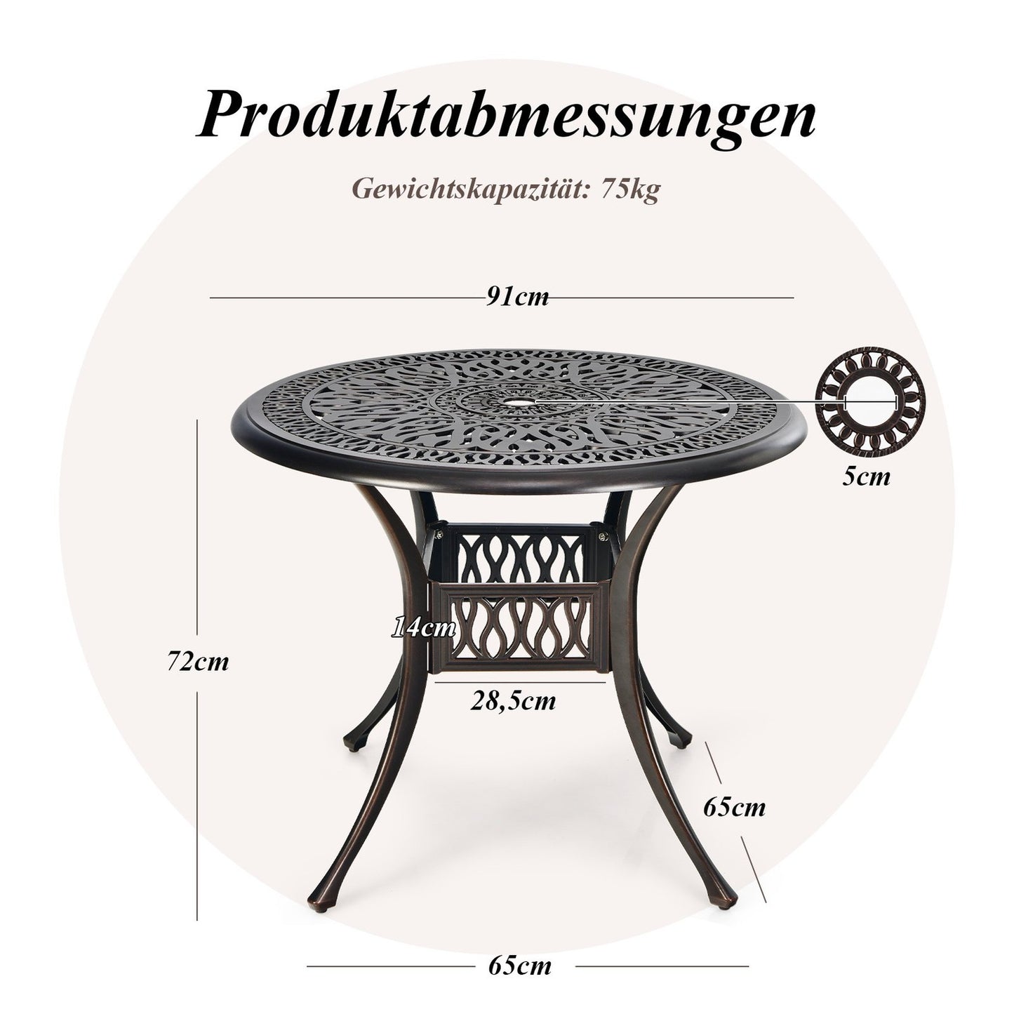Round Aluminum Patio Table with Umbrella Hole, 90 cm