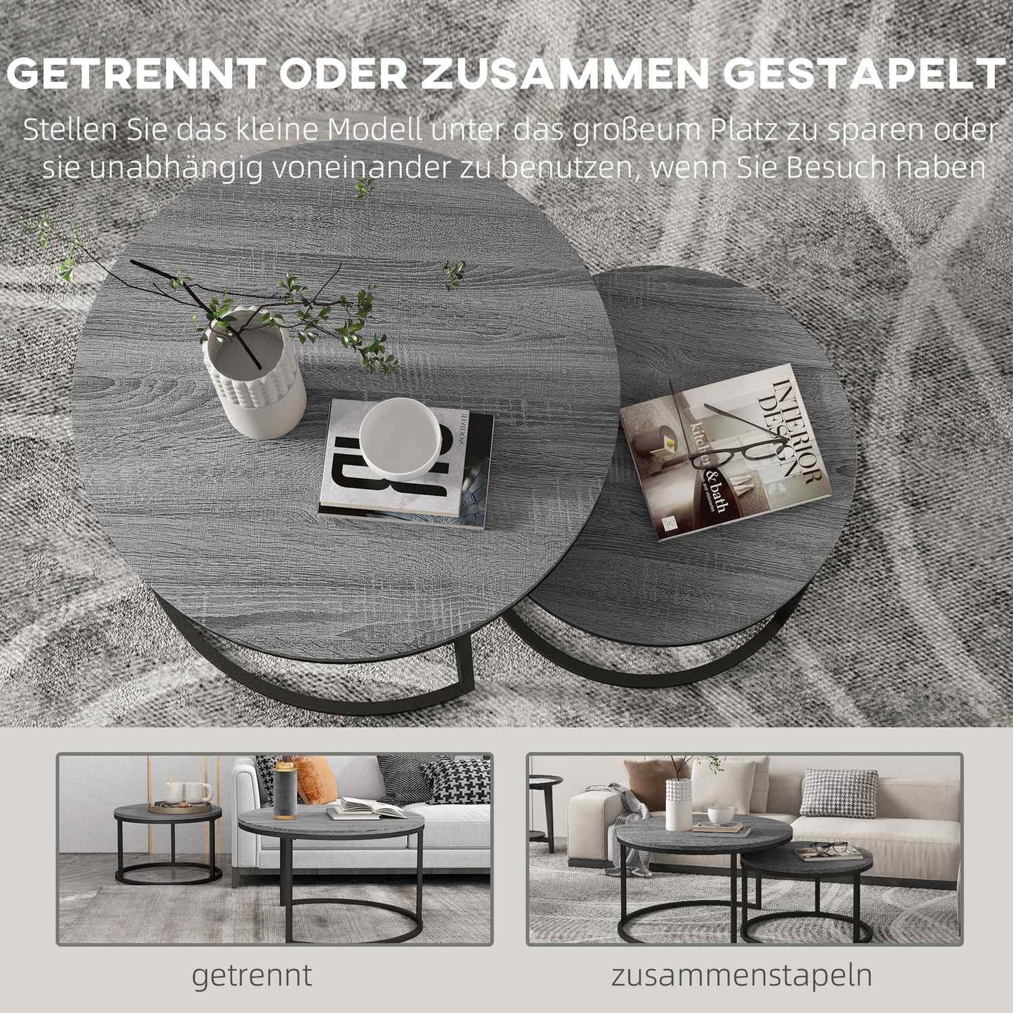 Round nesting coffee table, set of 2, black wood finish