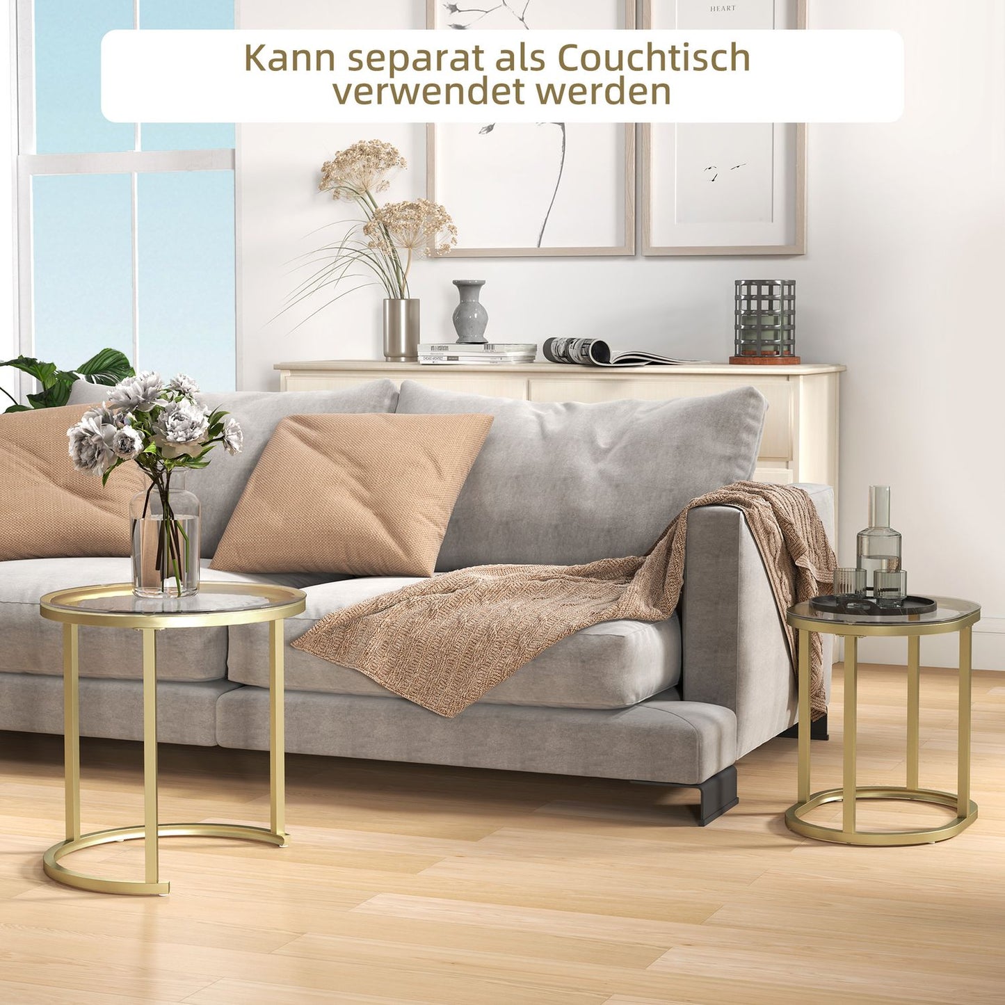 Round coffee table set of 2, stackable steel frame, gold