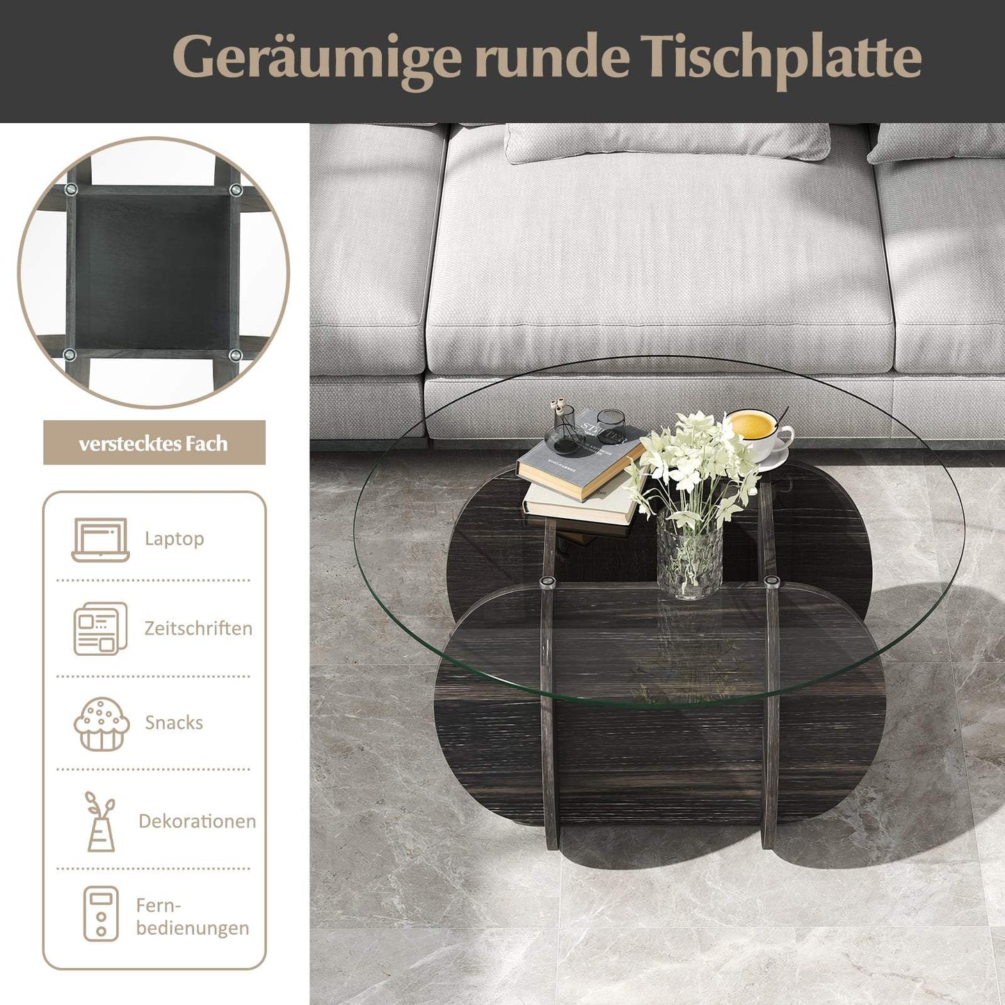 Round Coffee Table, Tempered Glass Top, Hidden Storage