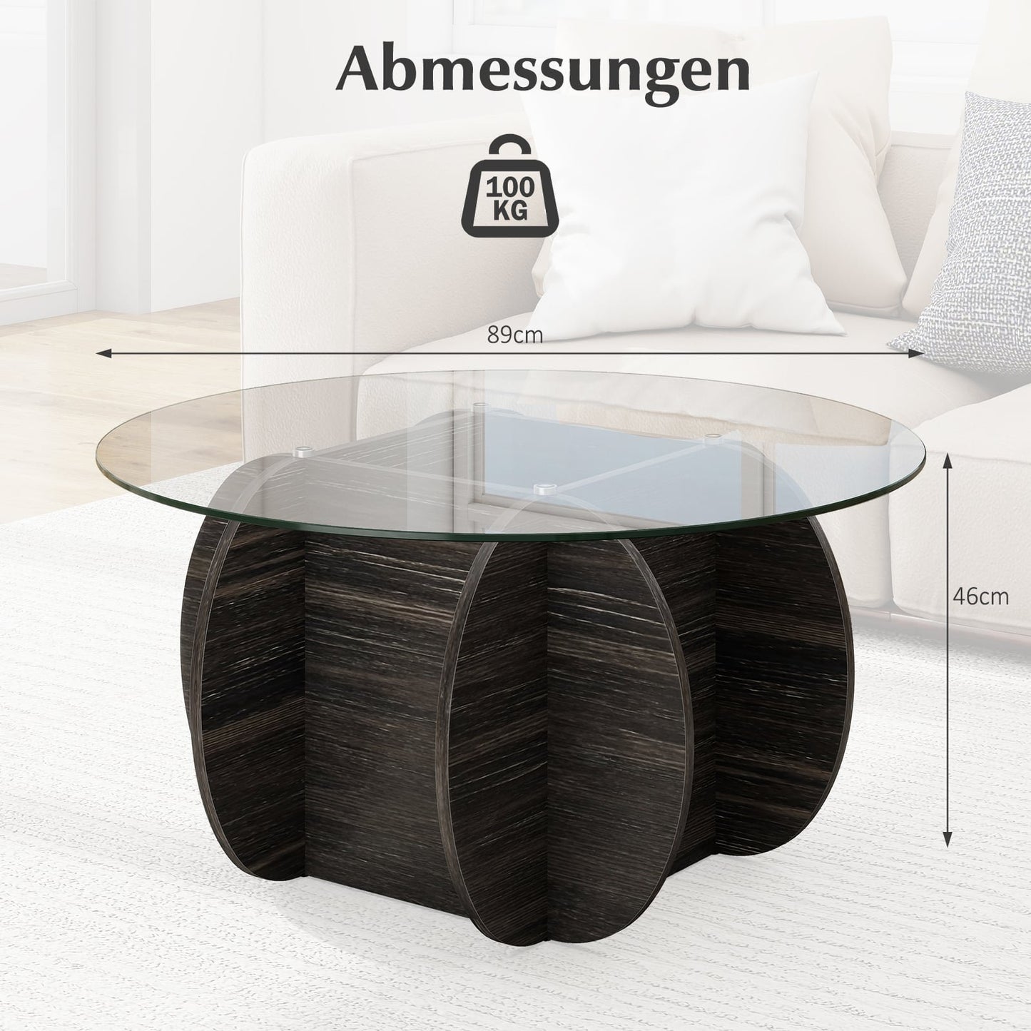 Round Coffee Table, Tempered Glass Top, Hidden Storage