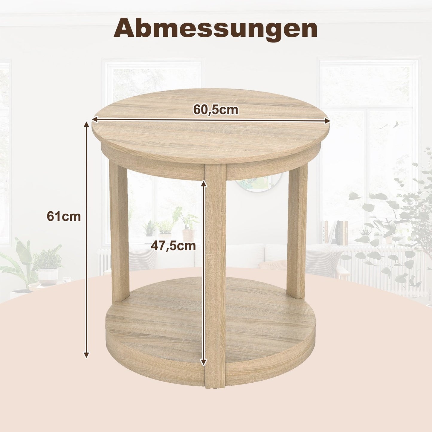 Round Coffee Table with 2 Tiers, Rubberwood Legs