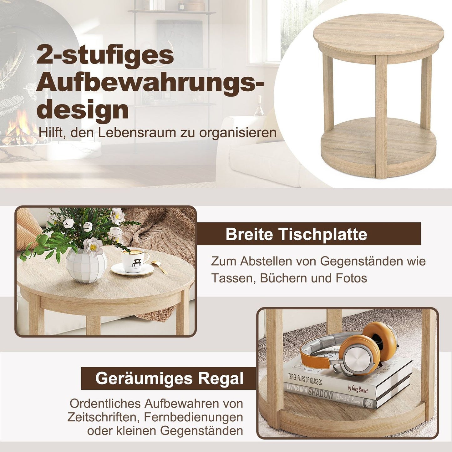 Round Coffee Table with 2 Tiers, Rubberwood Legs