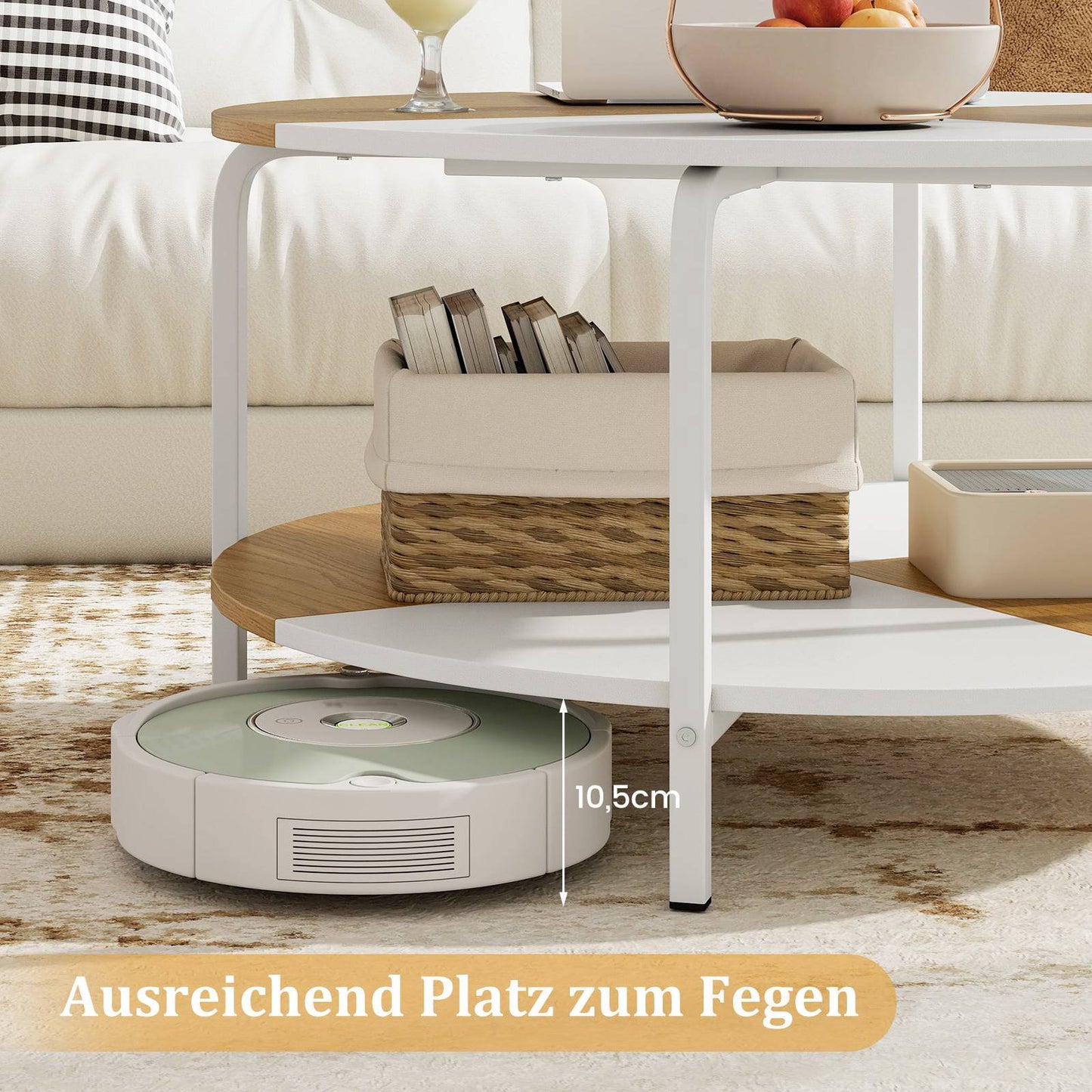 Round Coffee Table with Shelf, White & Natural Wood