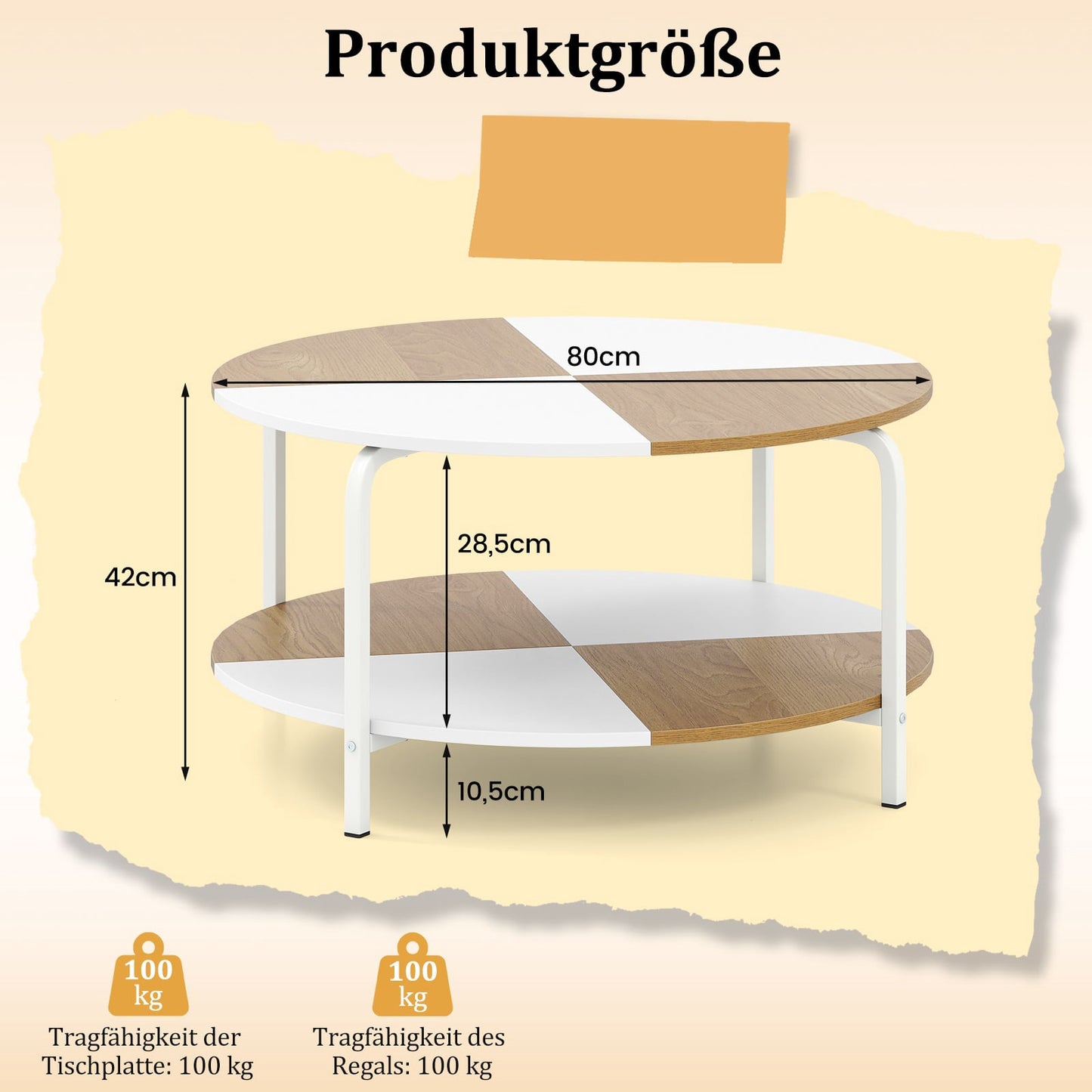 Round Coffee Table with Shelf, White & Natural Wood