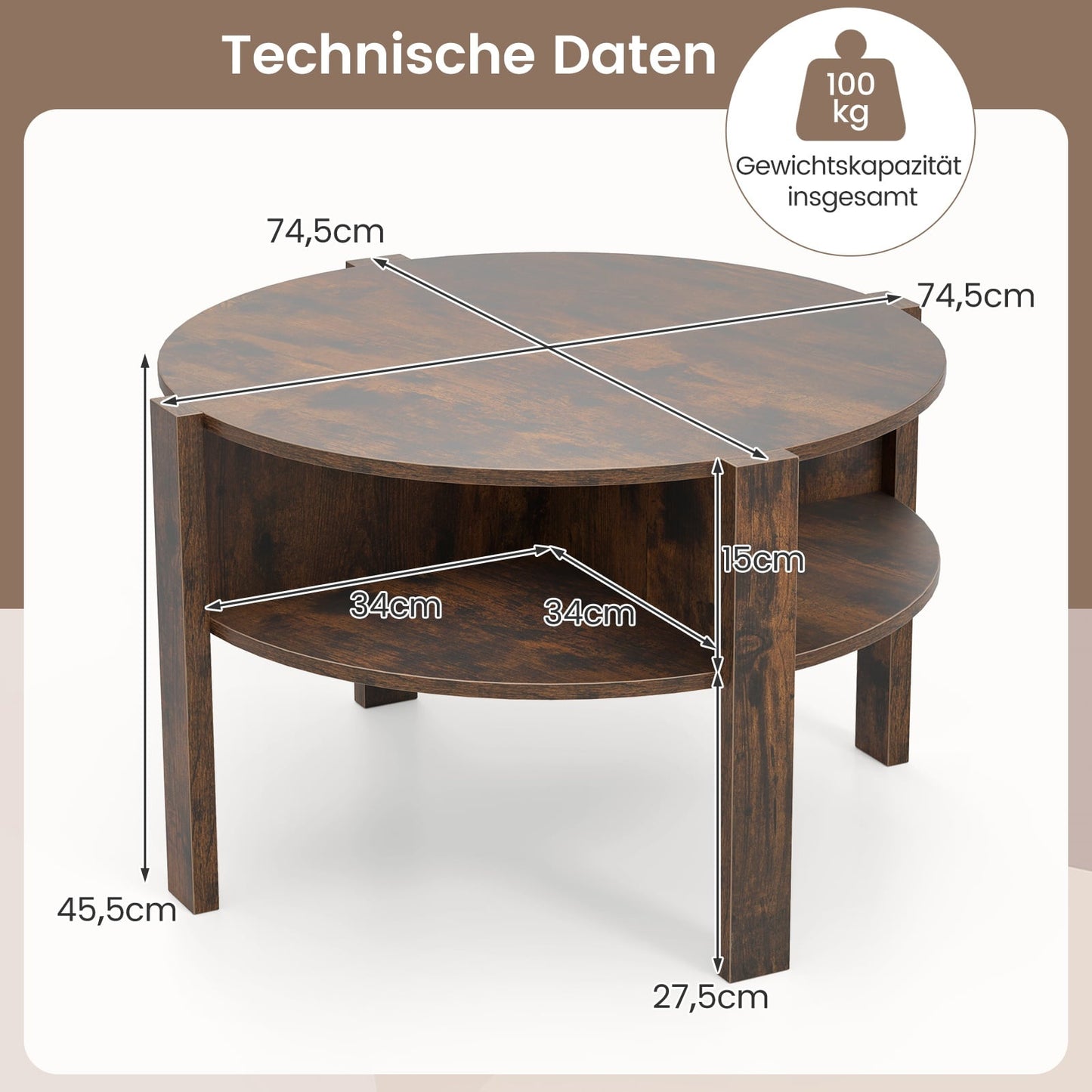 Round Coffee Table with Storage, Wood, 4 Shelves, Brown
