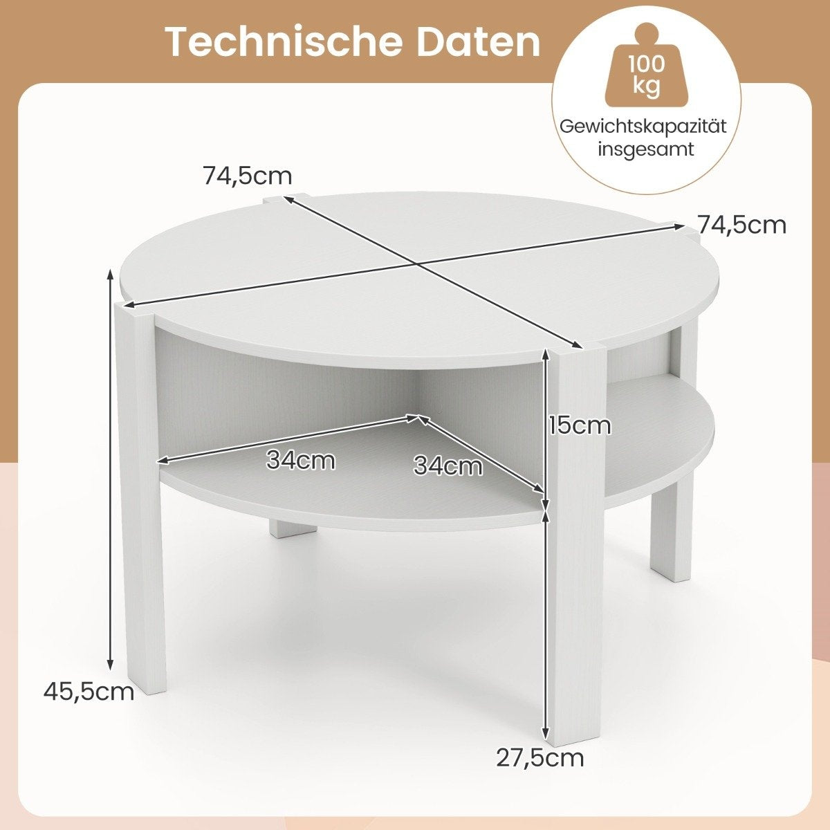 Round Coffee Table with Storage – Wood, 4 Shelves, White