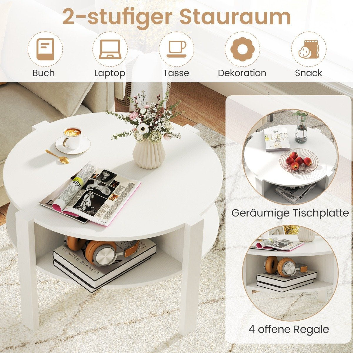 Round Coffee Table with Storage – Wood, 4 Shelves, White