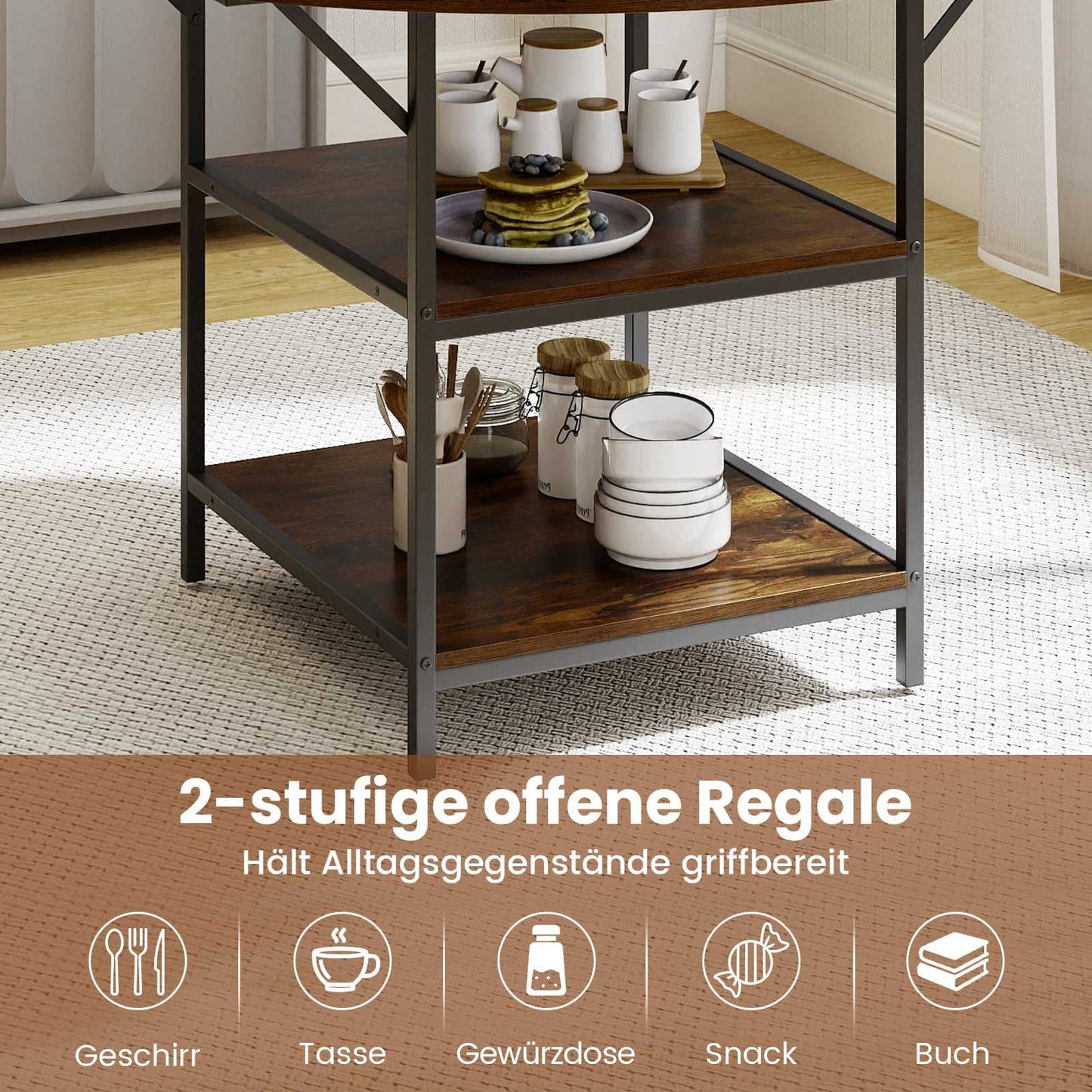 Round Dining Table, 120 cm, 4-6 Seats, 2-Tier Shelf
