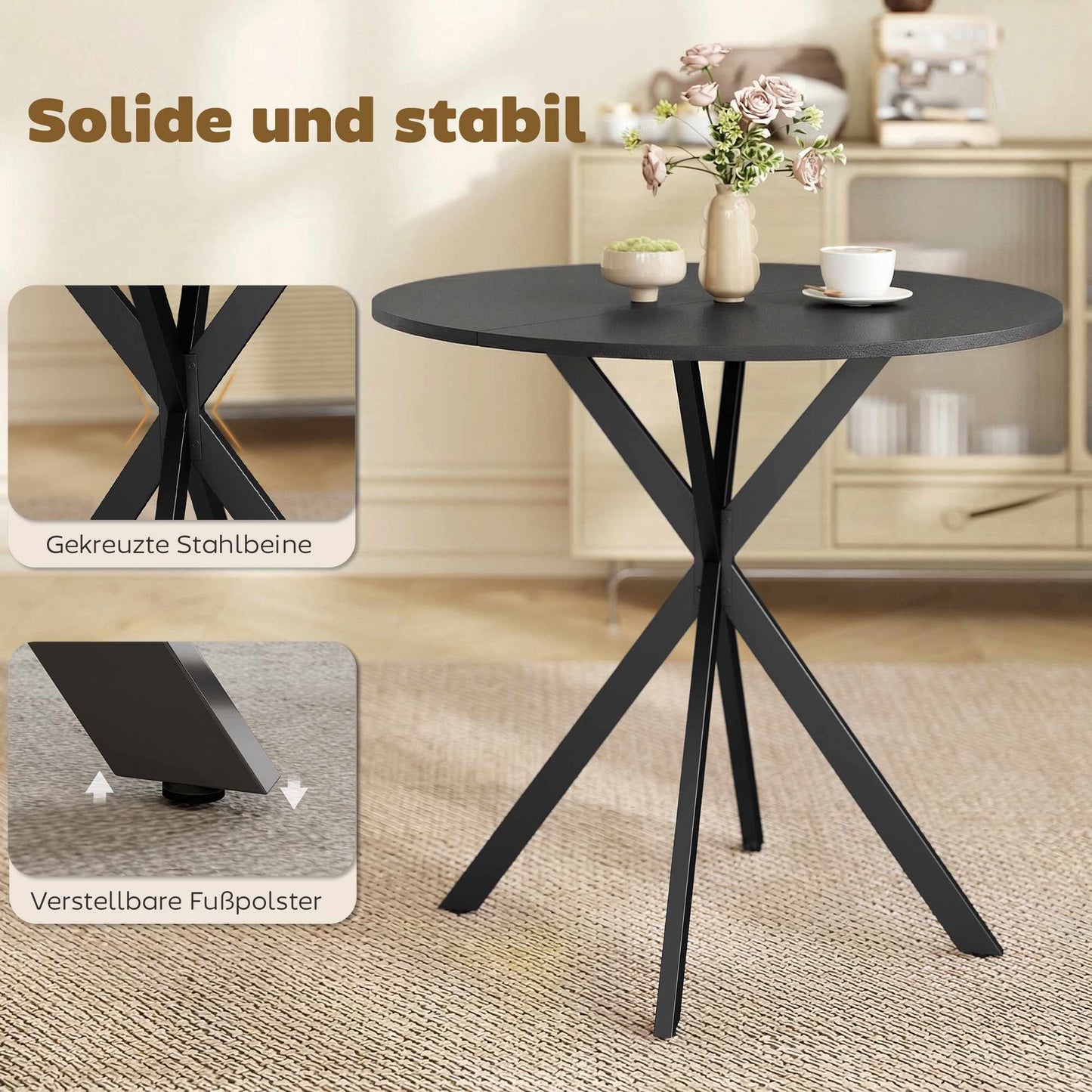 Round Dining Table, Wood Look, 80 cm, Adjustable Feet