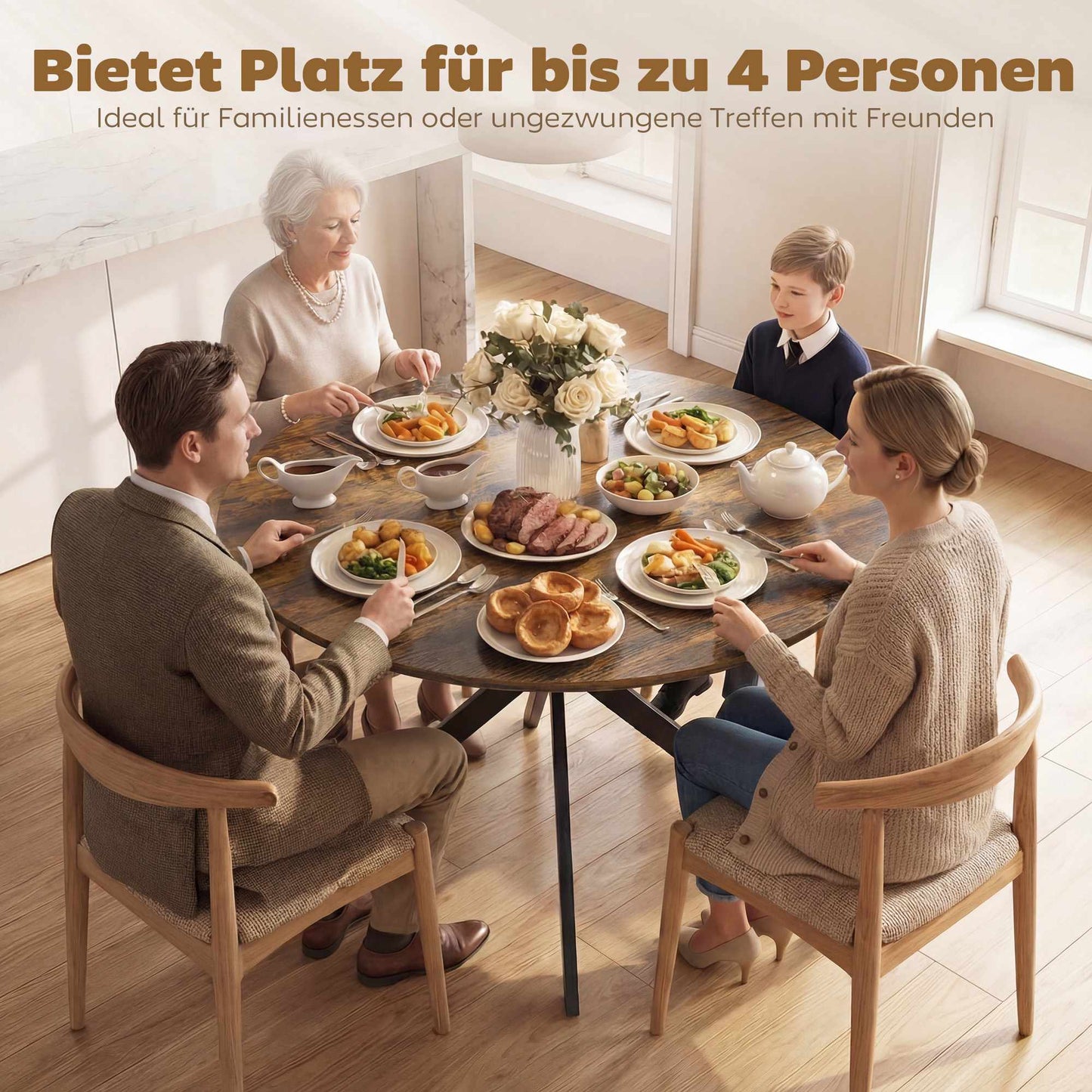Round Dining Table, Wood Look, Seats 4, Adjustable Feet