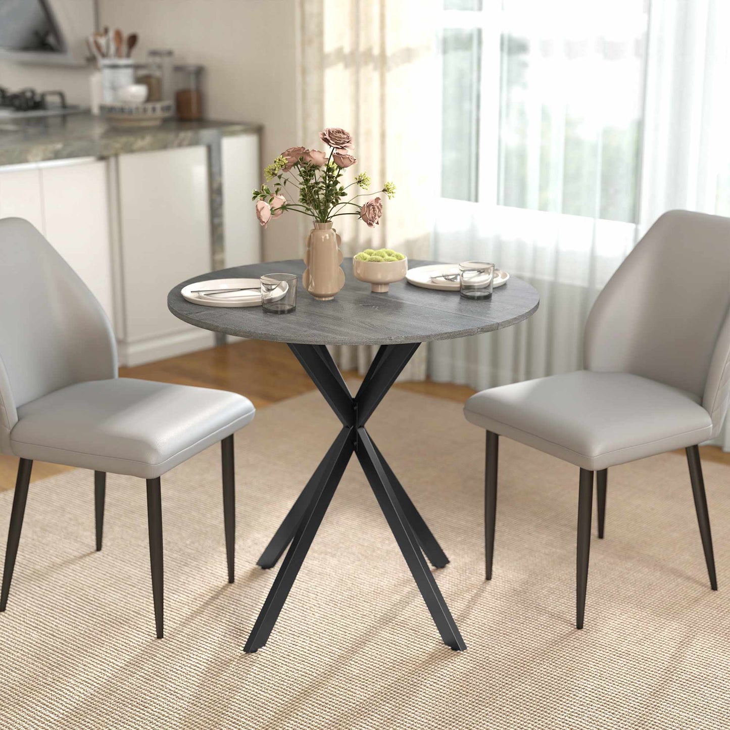 Round Dining Table, Wood-Look Surface, 80 cm, Steel Frame