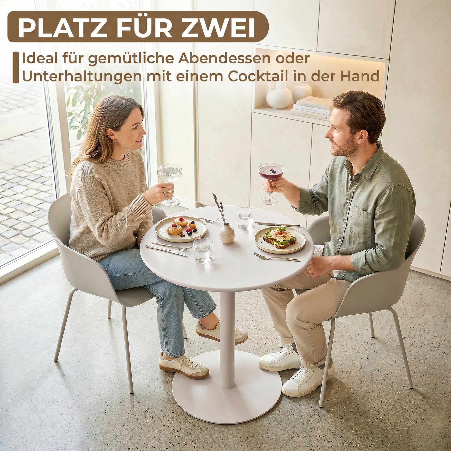 Round Dining Table for 2, Steel Frame, 60x60x72 cm, Beige