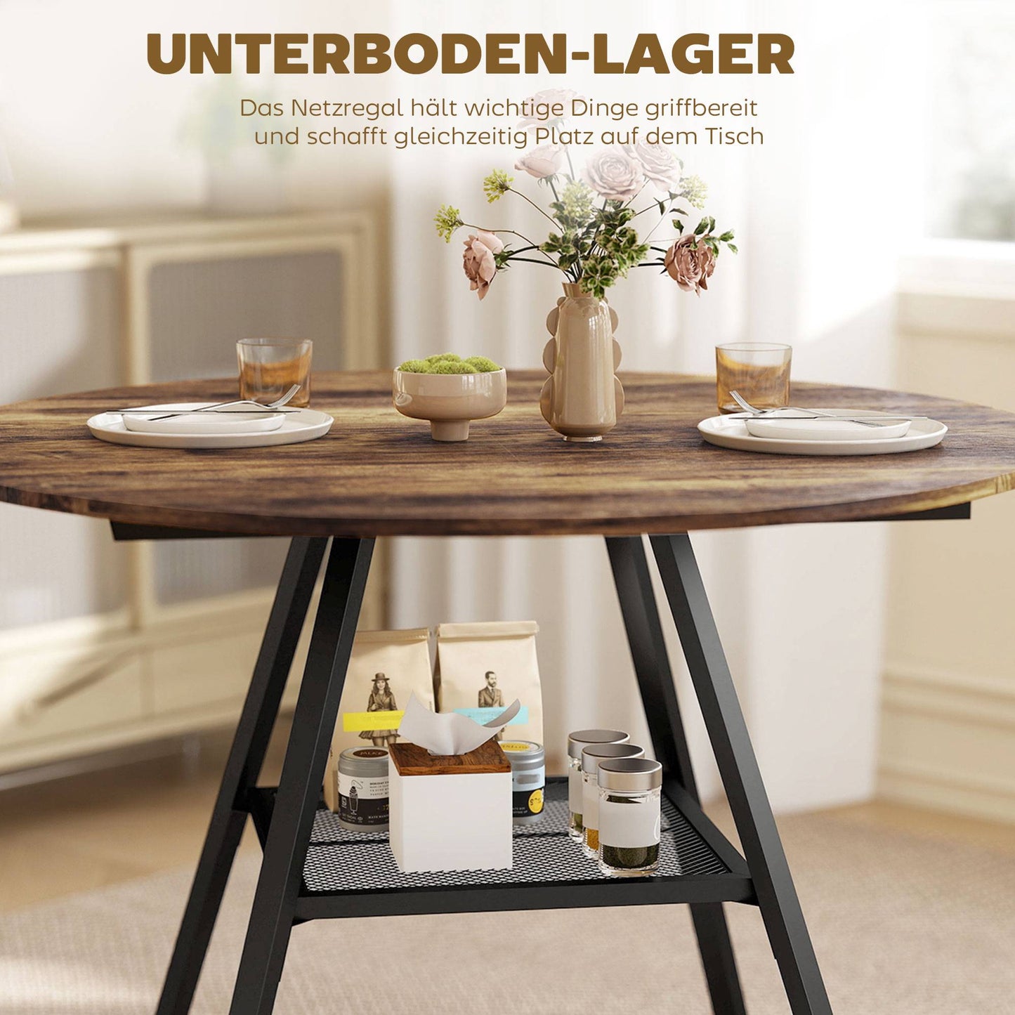 Round Dining Table for 4, 100 cm, Rustic Brown Wood Look