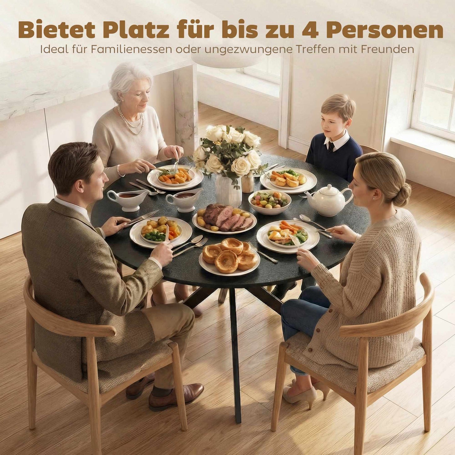 Round Dining Table for 4, Industrial Style, Black