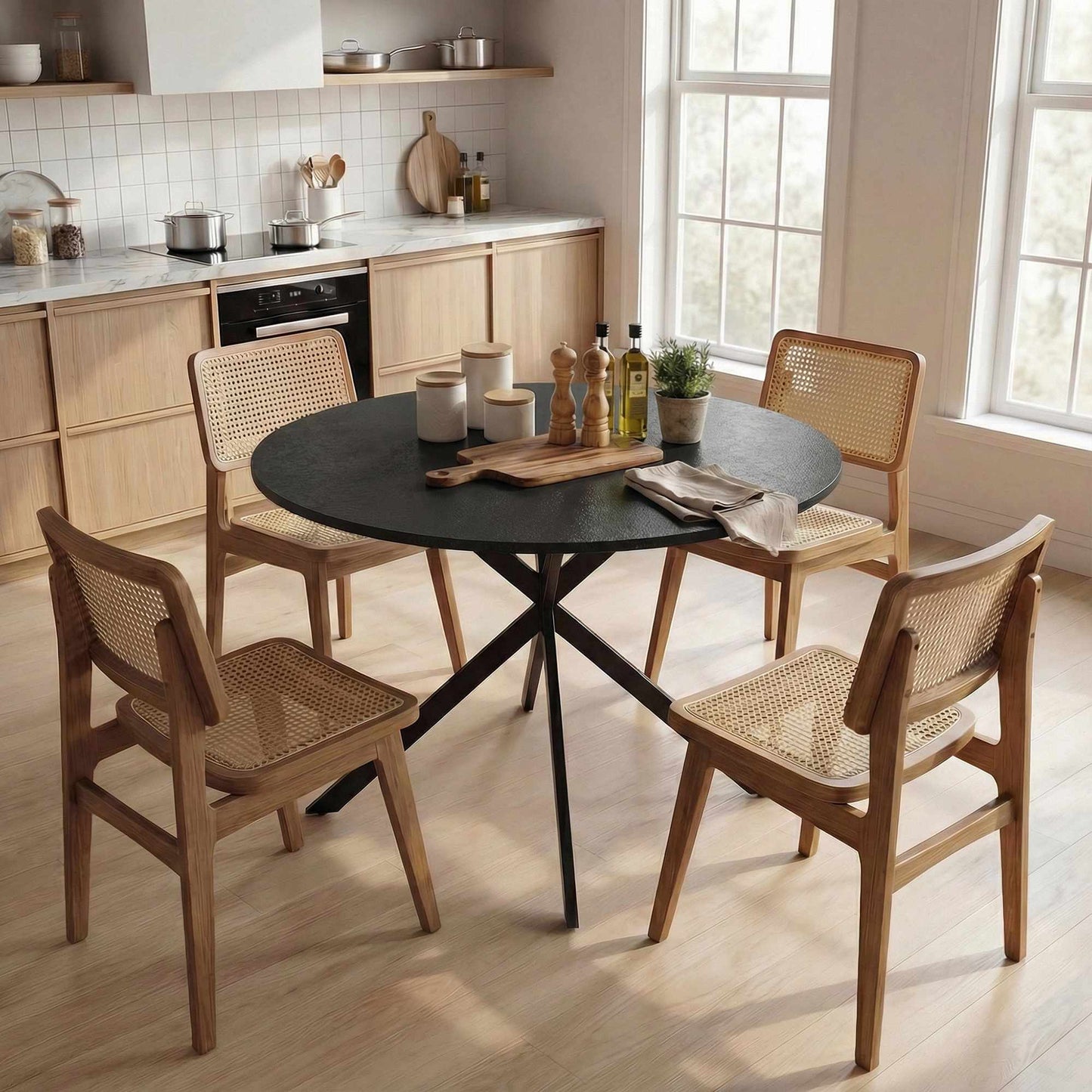 Round Dining Table for 4, Industrial Style, Black