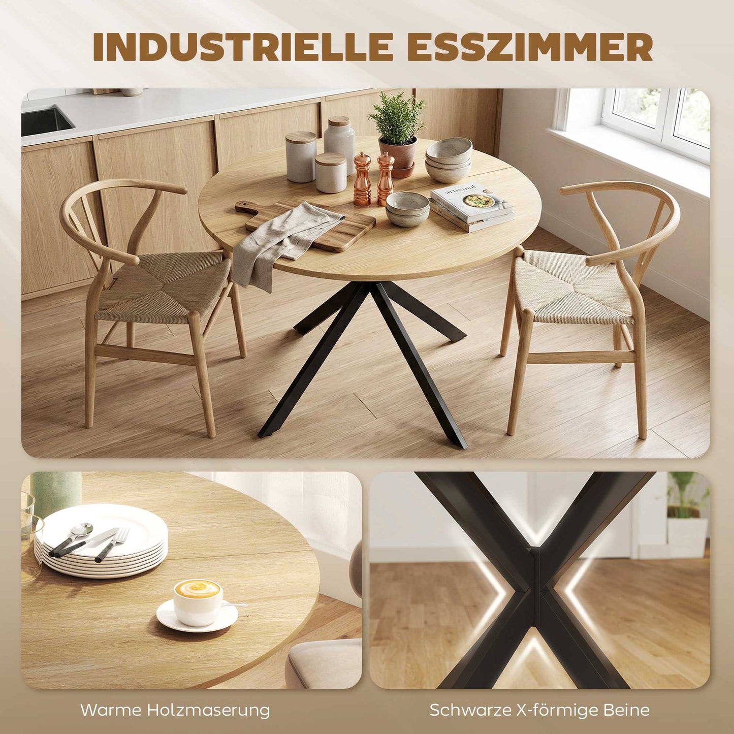 Round Dining Table for 4, Industrial Style, Oak Finish