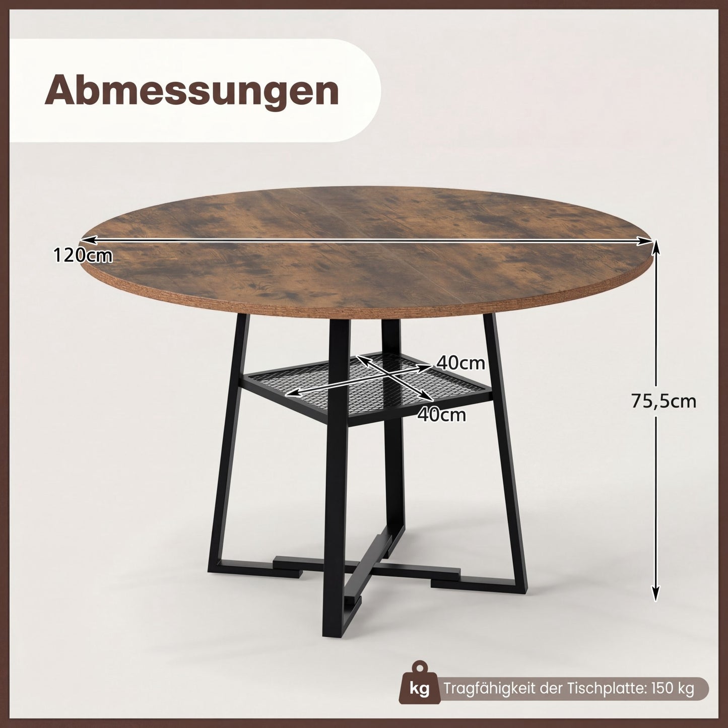 Round Dining Table with Shelf, Seats 4-6, Rustic Brown