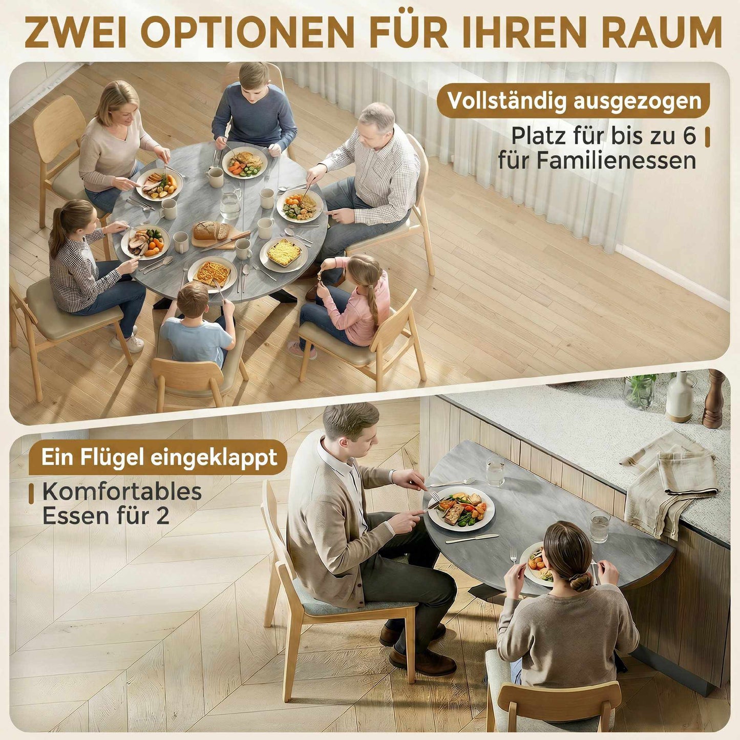 Round Folding Dining Table for 2-6, Cement Grey MDF