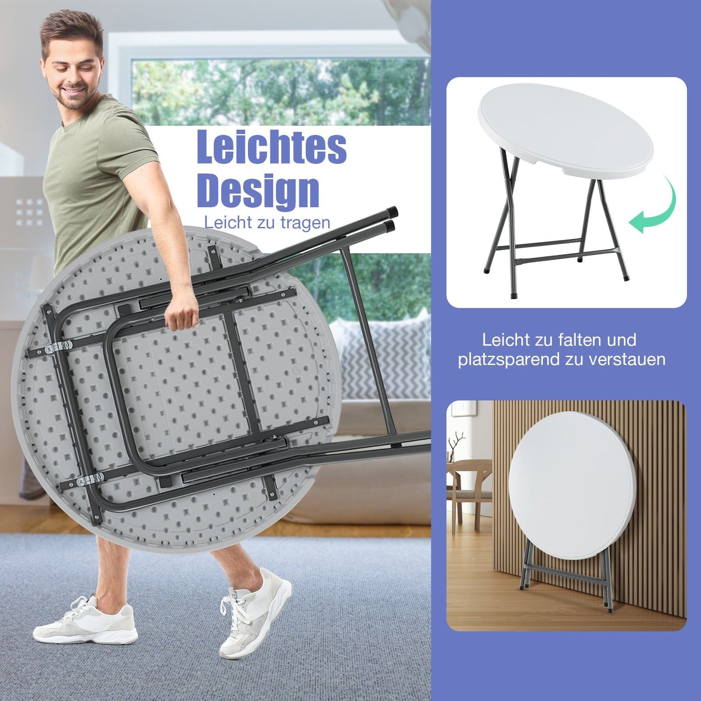 Round Folding Table, 81cm, Weatherproof HDPE, Metal Legs