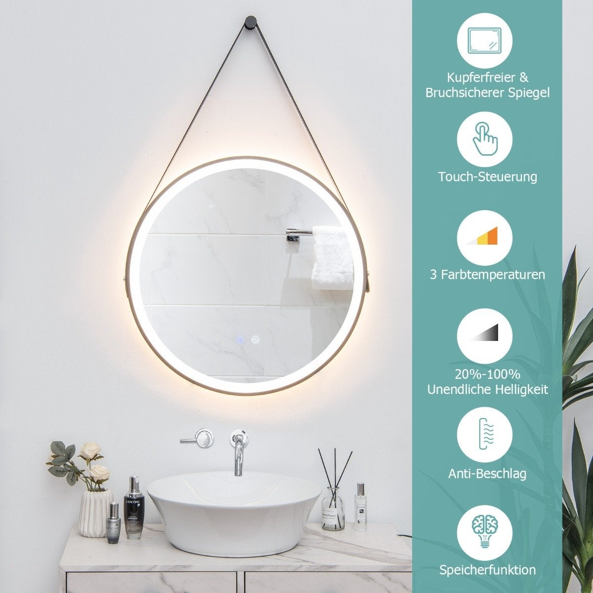 Round LED bathroom mirror with 3 color temperatures 61 cm diameter
