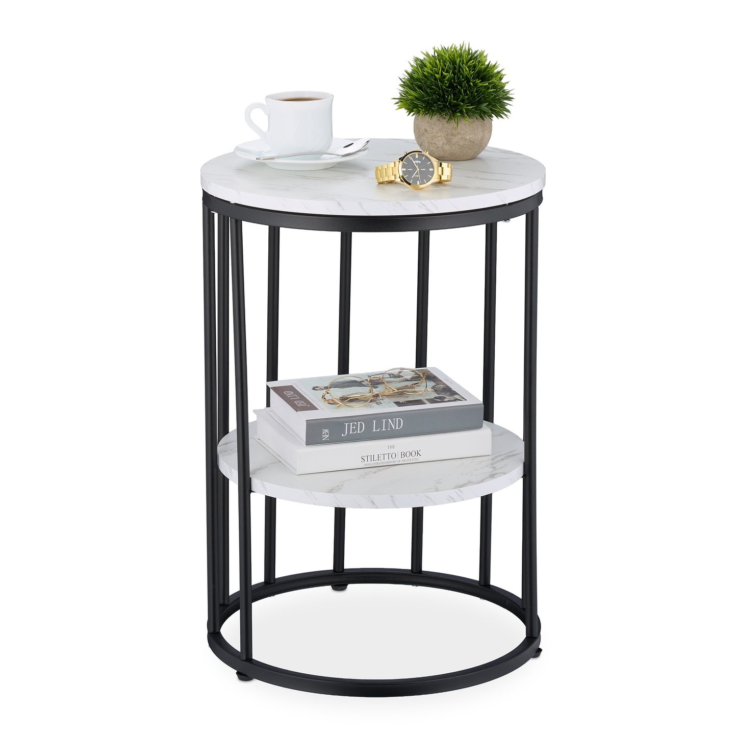 Round Marble Look Side Table with 2 Levels