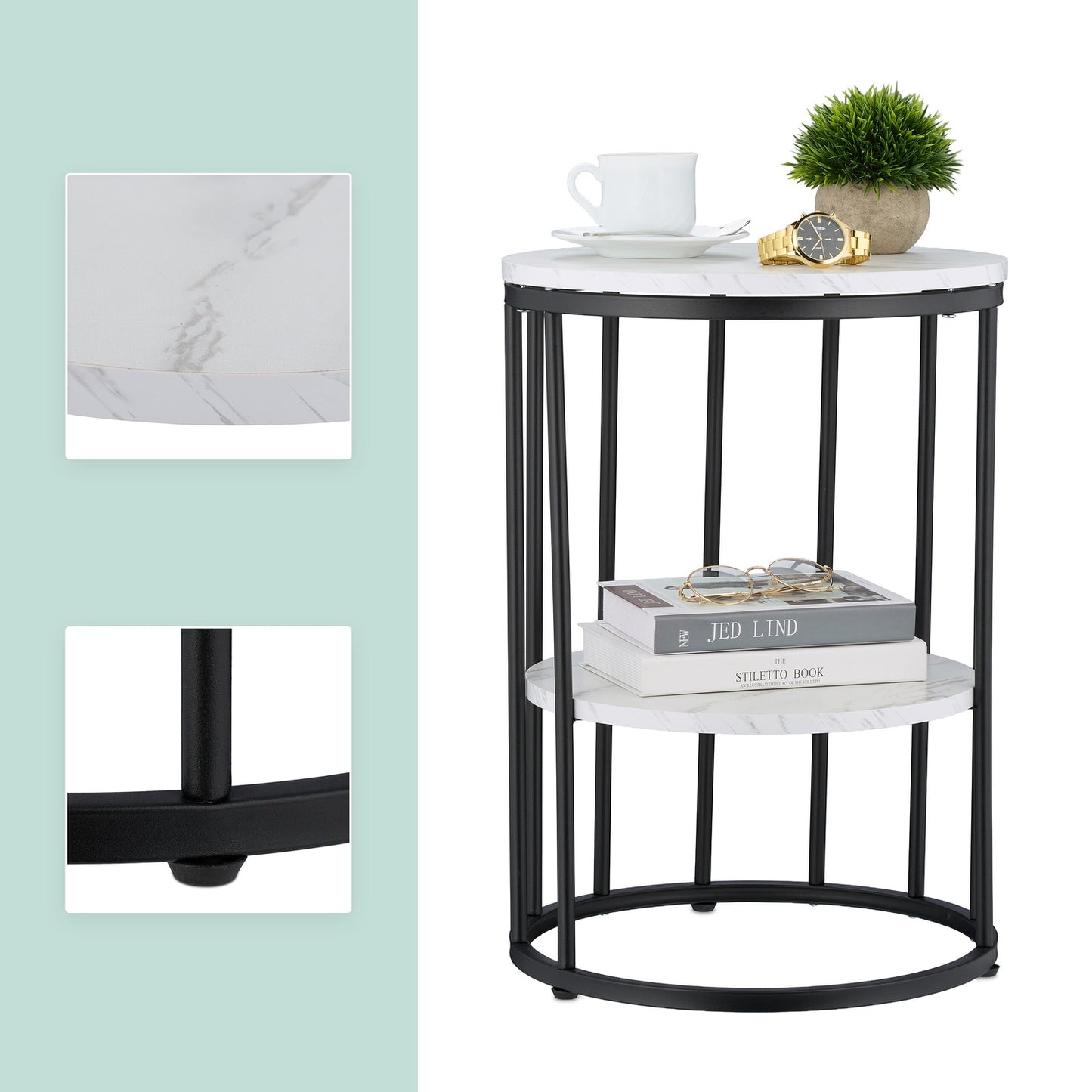 Round Marble Look Side Table with 2 Levels